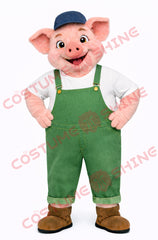 Cute Farm Pig Mascot Costume Adult in Green Overalls