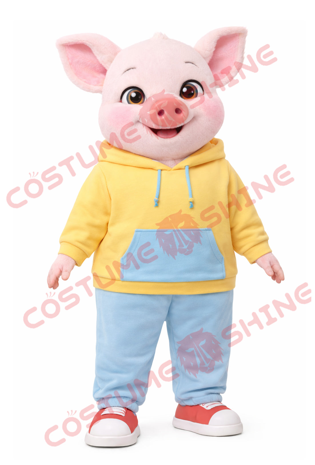 Cute Pig Mascot Costume Adult in Yellow Hoodie and Blue Jogger Pants