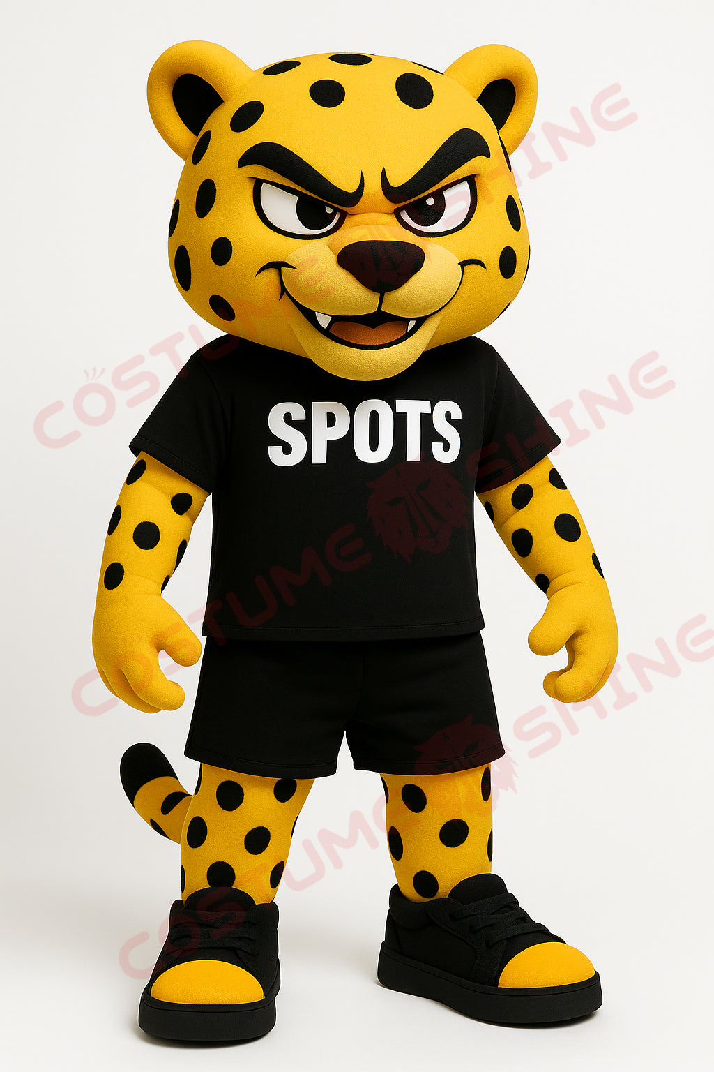 Fierce Cheetah Mascot Costume for Adults – Cartoon Style with Black "SPOTS" Shirt