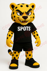 Fierce Cheetah Mascot Costume for Adults – Cartoon Style with Black "SPOTS" Shirt