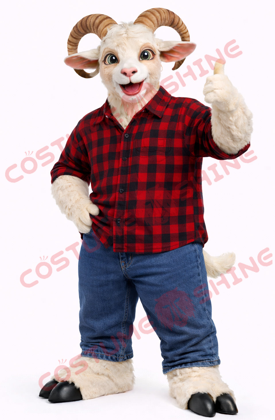 Goat Mascot Costume Adult Casual Plaid Shirt Style