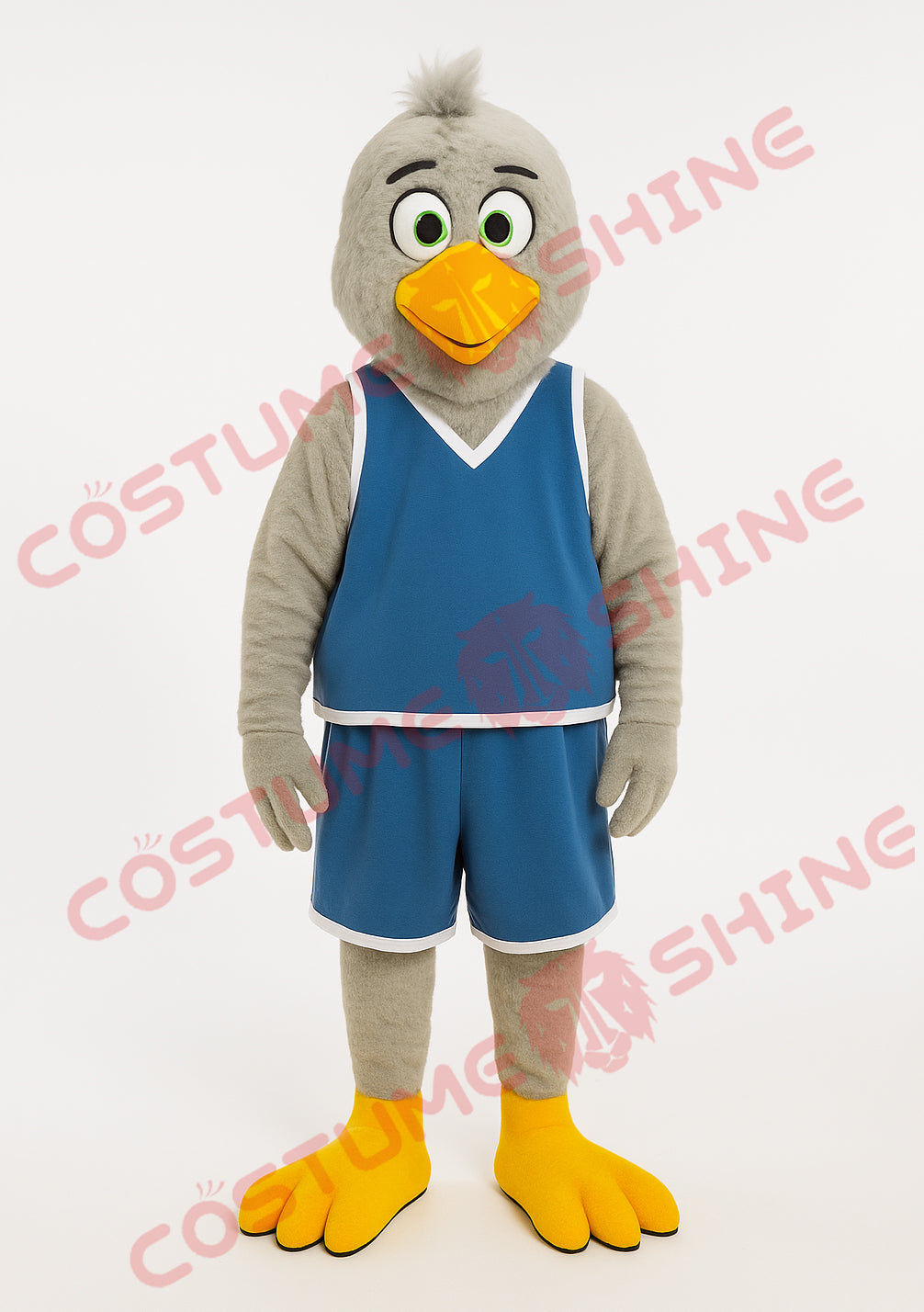 Gray Chicken Mascot Costume in Blue Basketball Uniform – Custom Sports Bird Suit