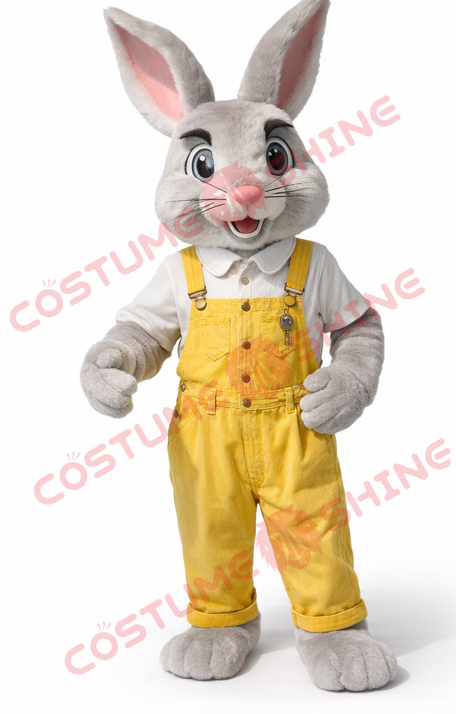 Gray Rabbit Mascot Costume with Yellow Overalls – Adult Mascot Suit