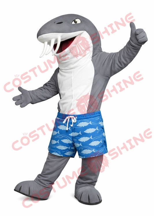 Gray Shark Mascot Costume Adult Blue Swim Shorts