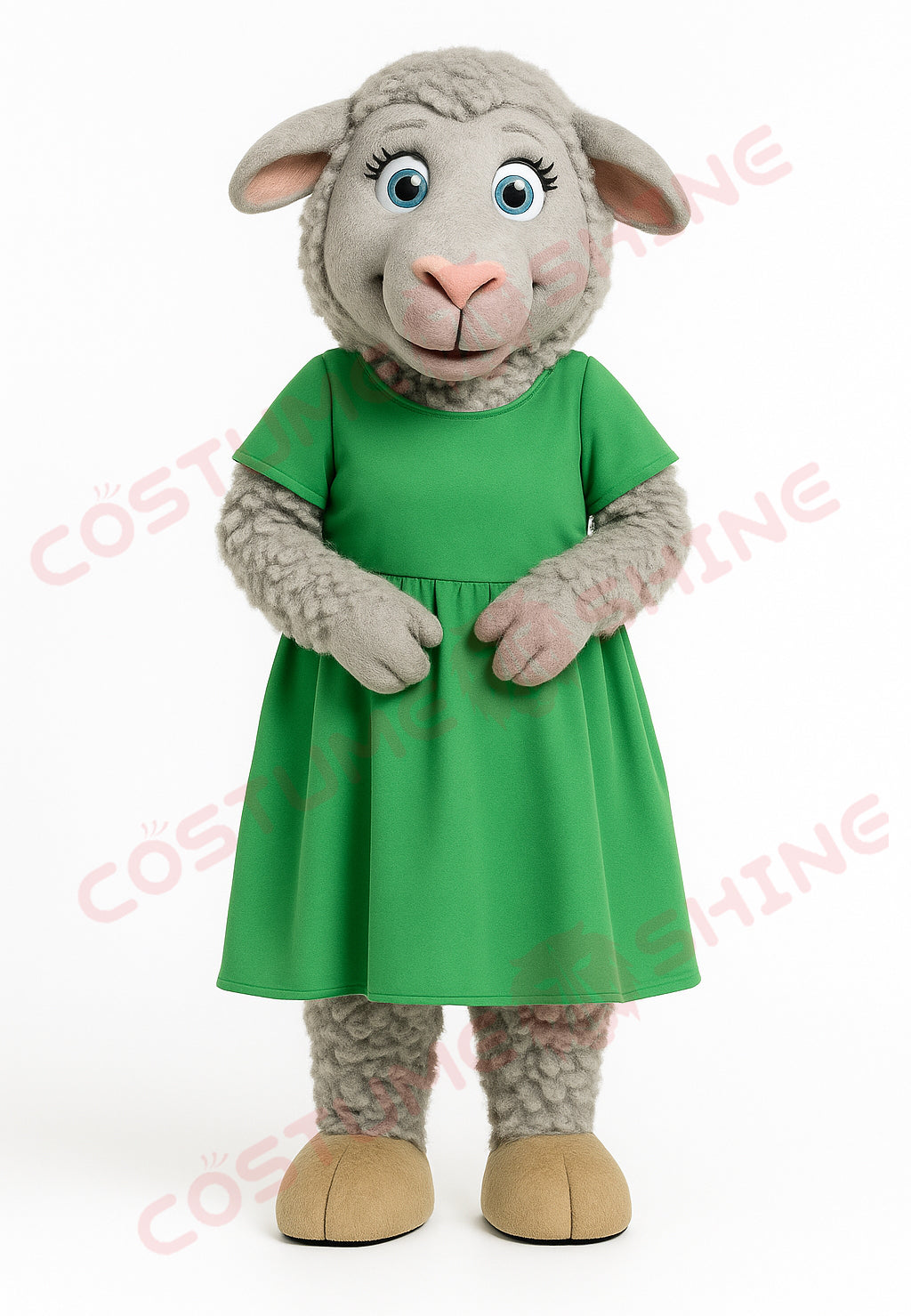 Gray Sheep Mascot Costume in Green Dress – Custom Plush Animal Suit for Events