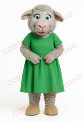 Gray Sheep Mascot Costume in Green Dress – Custom Plush Animal Suit for Events