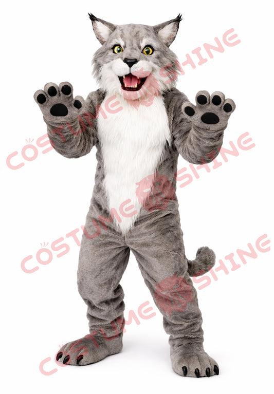 Gray Wildcat Mascot Costume Adult – Plush Full Body Cat Suit