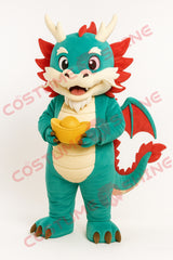 Green Dragon Mascot Costume Holding Gold Ingot – Custom Plush Dragon Suit for Events