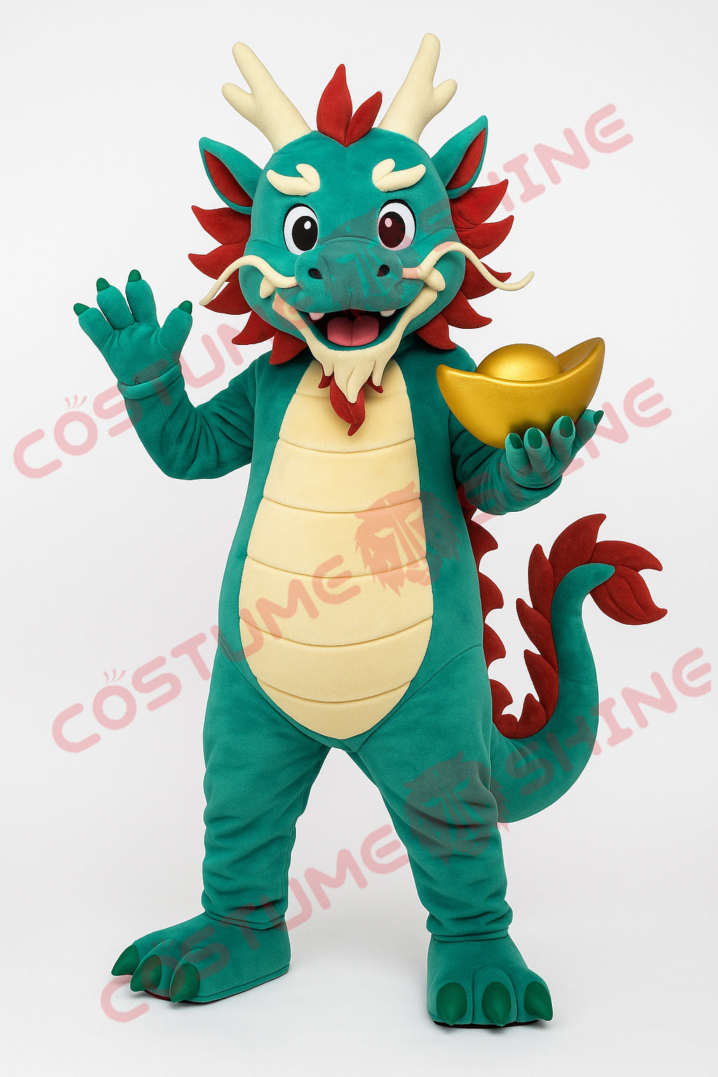 Green Dragon Mascot Costume Holding Gold Ingot – Custom Plush Lucky Dragon Suit
