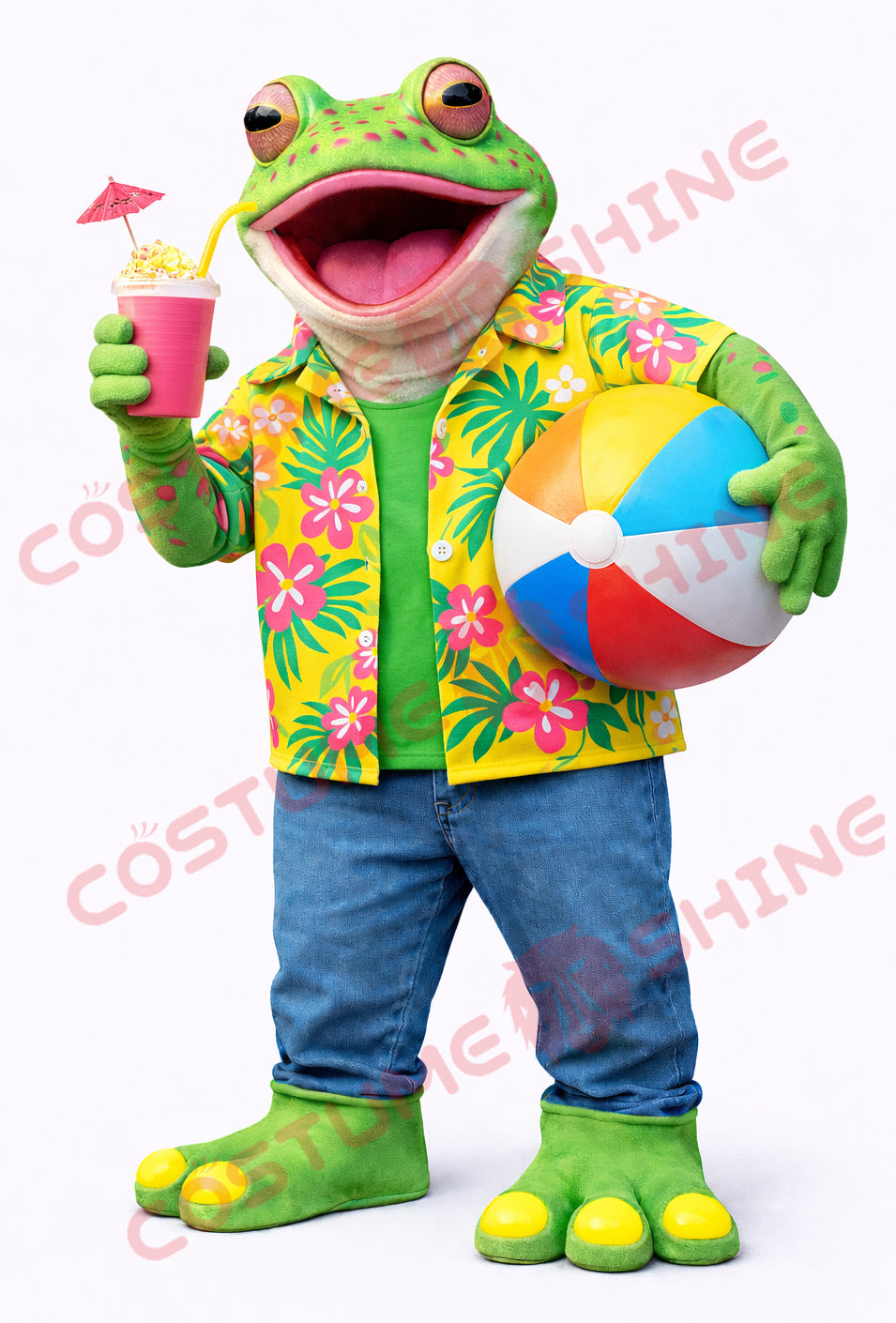 Summer Green Frog Mascot Costume for Adults with Hawaiian Shirt