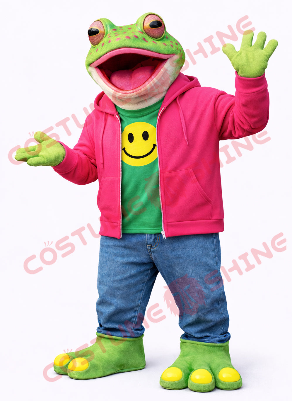 Green Frog Mascot Costume for Adults with Pink Hoodie Outfit