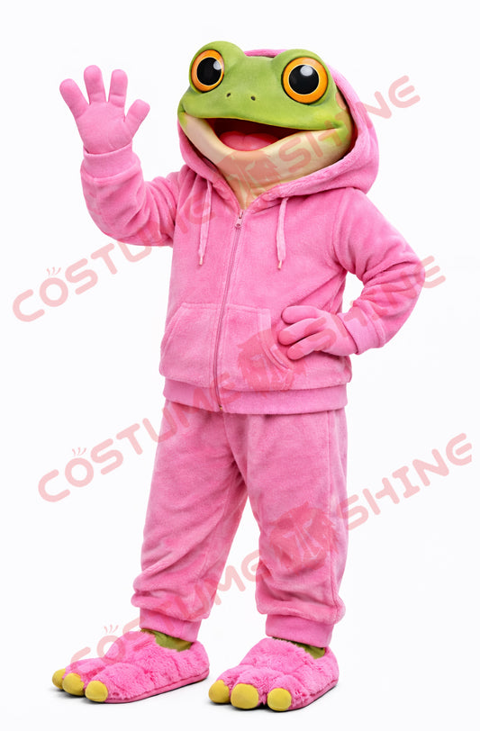 Adult Frog Mascot Costume Pink Hoodie Full Body Suit