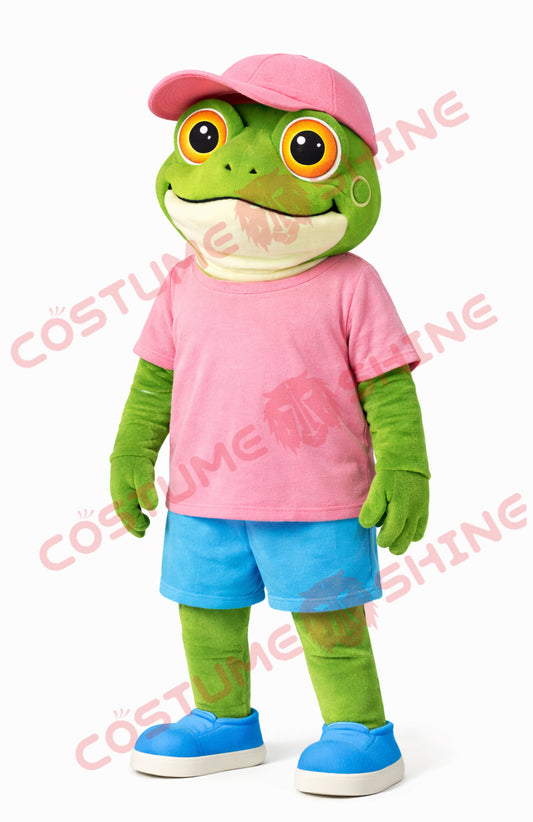 Adult Frog Mascot Costume Pink Shirt Blue Shorts Full Body Suit