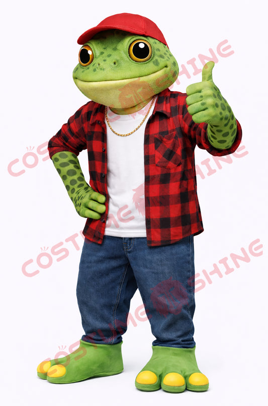 Green Frog Mascot Costume for Adults with Plaid Shirt Outfit