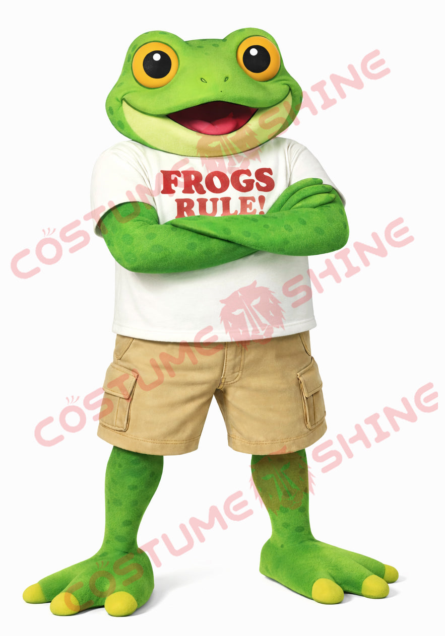 Adult Frog Mascot Costume White T-Shirt Khaki Shorts Suit