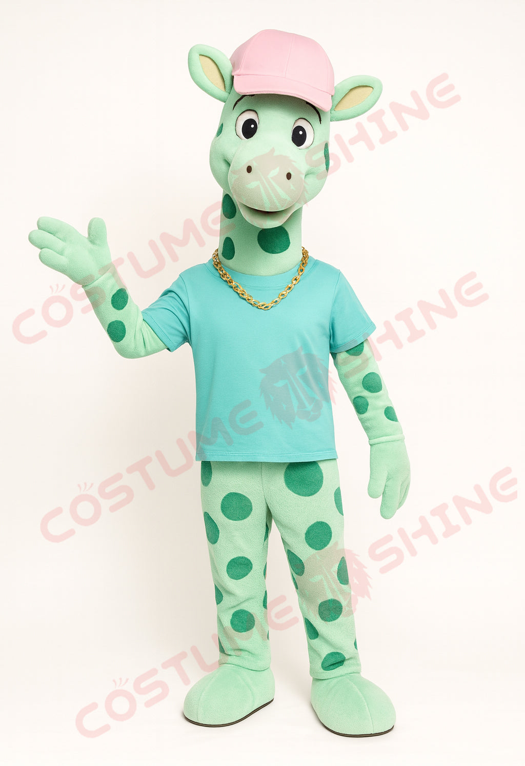 Green Giraffe Mascot Costume with Pink Hat – Plush Animal Suit for School or Event