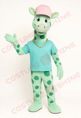 Green Giraffe Mascot Costume with Pink Hat – Plush Animal Suit for School or Event