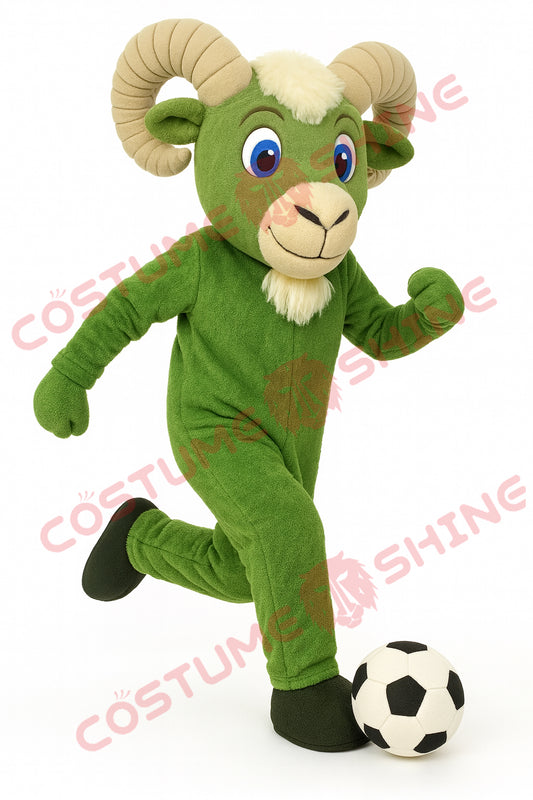 Green Ram Mascot Costume Soccer Kick Pose – Plush Goat Mascot Suit