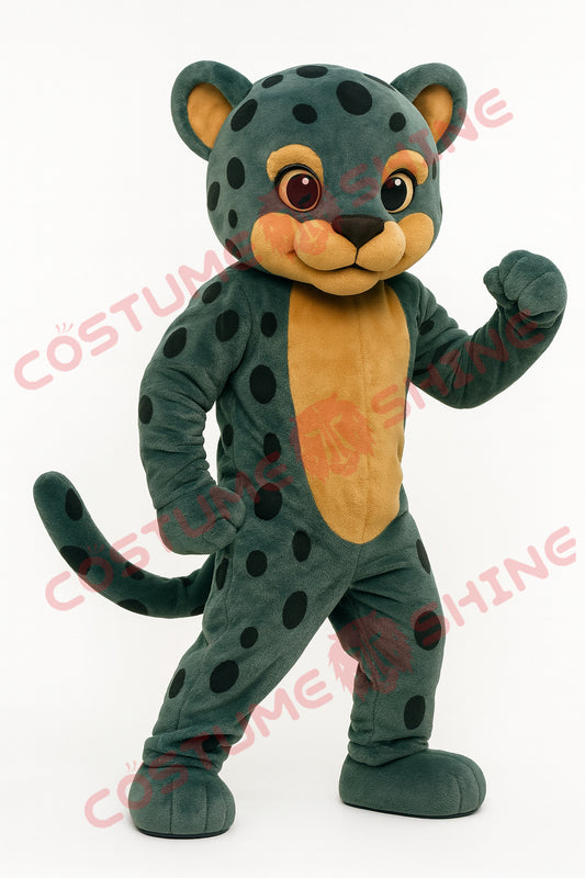 Green Jaguar Mascot Costume – Plush Spotted Animal Suit with Fist Pose