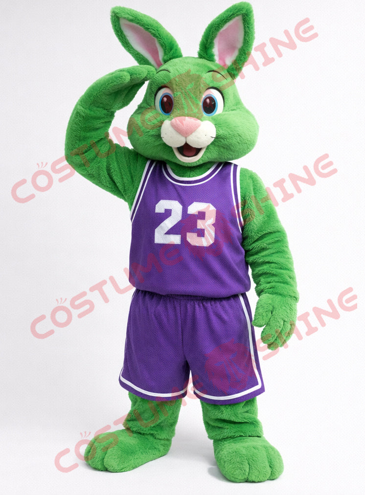 Green Rabbit Mascot Costume with Purple Basketball Jersey – Adult Mascot Suit