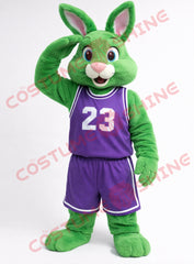 Green Rabbit Mascot Costume with Purple Basketball Jersey – Adult Mascot Suit