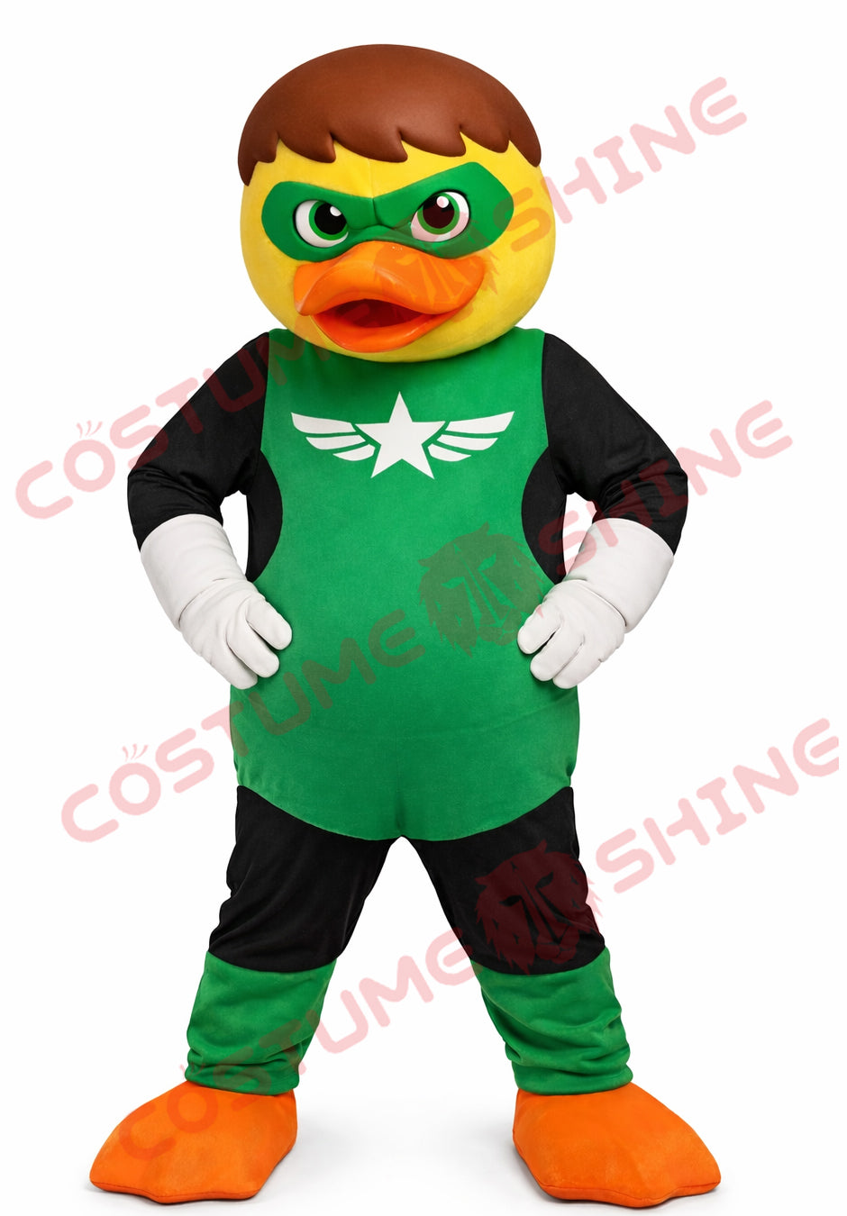 Green Superhero Duck Mascot Costume Adult with Star Emblem Outfit