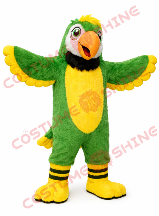 Green Yellow Parrot Mascot Costume Adult Plush with Spread Wings Design