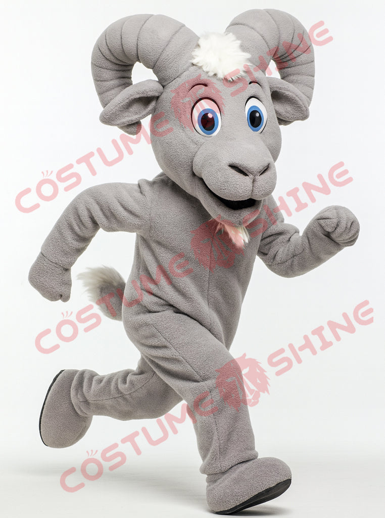 Grey Ram Mascot Costume Running Pose – Plush Goat Mascot Suit