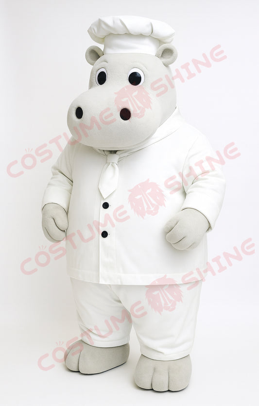 White Hippo Chef Mascot Costume – Custom Plush Suit for Restaurant or Event