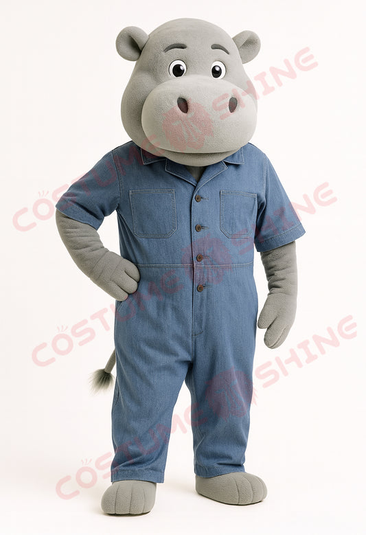Gray Hippopotamus Mascot Costume in Denim Jumpsuit – Custom Plush Suit for Event or Business Promotion