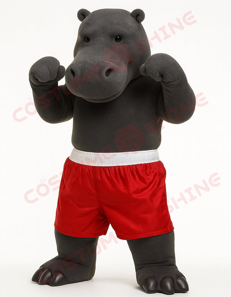 Gray Hippopotamus Mascot Costume – Red Shorts Plush Animal Suit for School or Sports Events