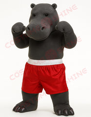 Gray Hippopotamus Mascot Costume – Red Shorts Plush Animal Suit for School or Sports Events