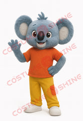 Blue-Grey Koala Mascot Costume with Orange Shirt and Yellow Pants