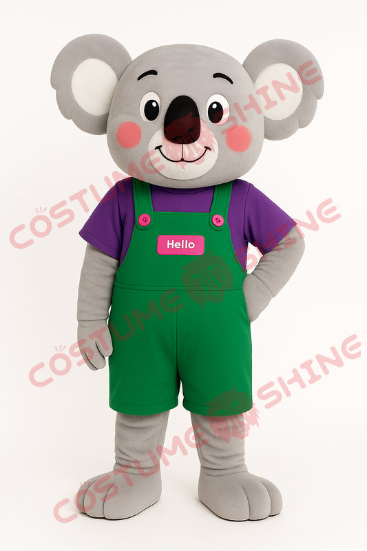 Cute Grey Koala Mascot Costume with Green Overalls & Purple Shirt
