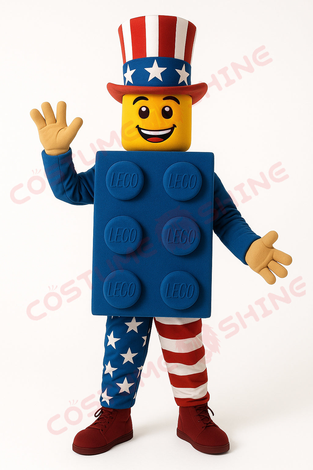 American Flag Brick Mascot Costume with Top Hat – Blue LEGO-Style Plush Suit for Events & Parades