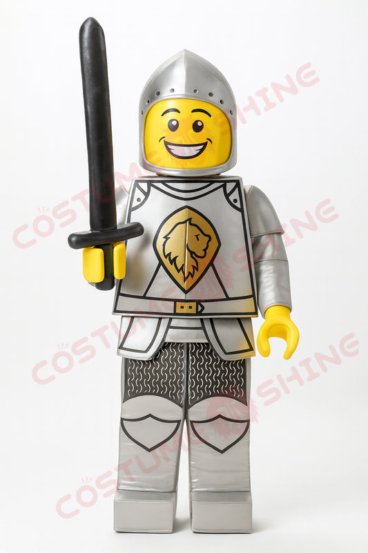 Silver Knight Mascot Costume with Sword – Custom LEGO-Style Armor Mascot Suit for Events & Parades
