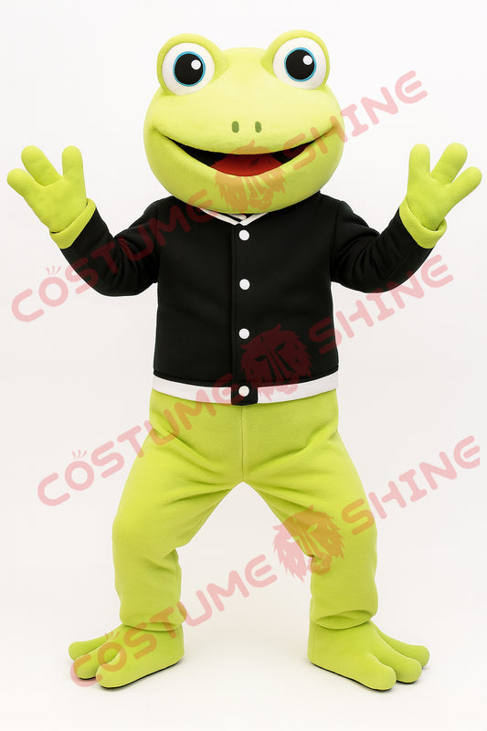 Light Green Frog Mascot Costume with Black Jacket | Adult Plush Suit