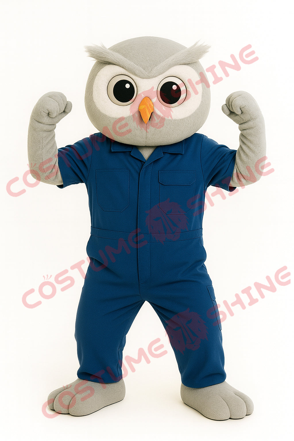 Light Grey Owl Mascot Costume in Blue Coverall for Adults – Full Plush Suit
