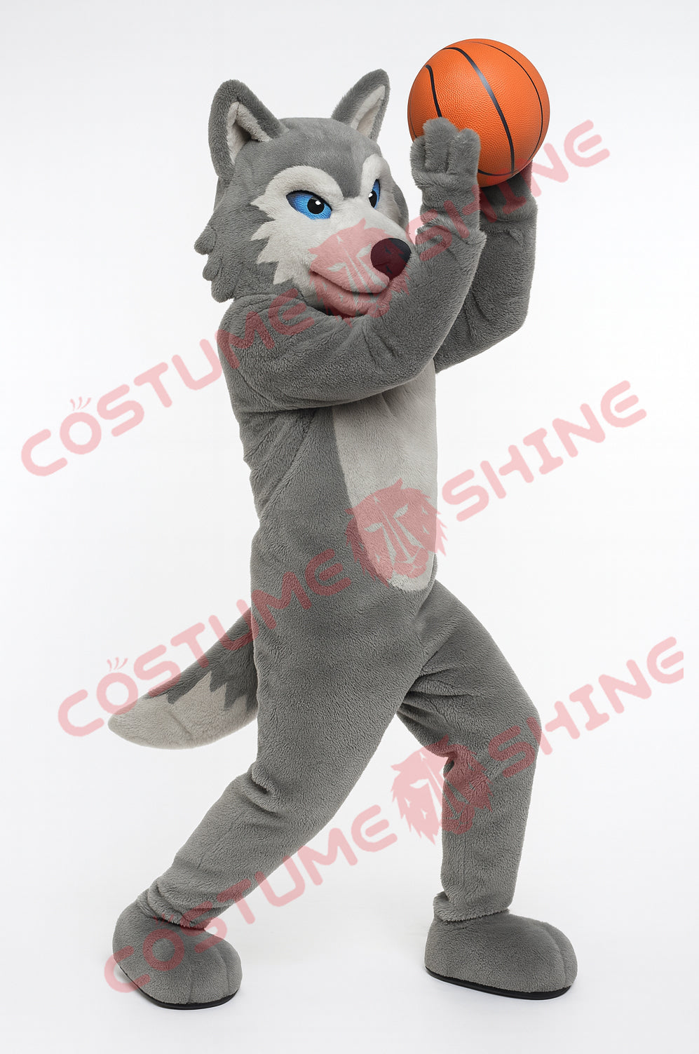Light Grey Wolf Mascot Costume Basketball Pose – Adult Plush Suit