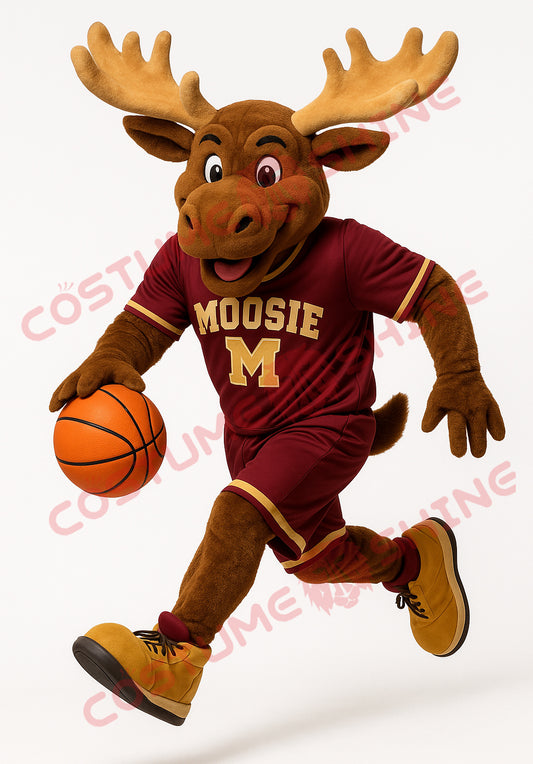 Running Moose Mascot Costume in Maroon Basketball Uniform – Custom Sports Mascot