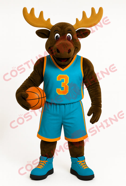 Moose Mascot Costume in Teal Basketball Uniform with Number 3
