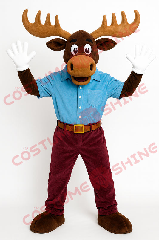 Moose Mascot Costume with Blue Shirt and Red Pants – Friendly Character Suit