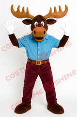 Moose Mascot Costume with Blue Shirt and Red Pants – Friendly Character Suit
