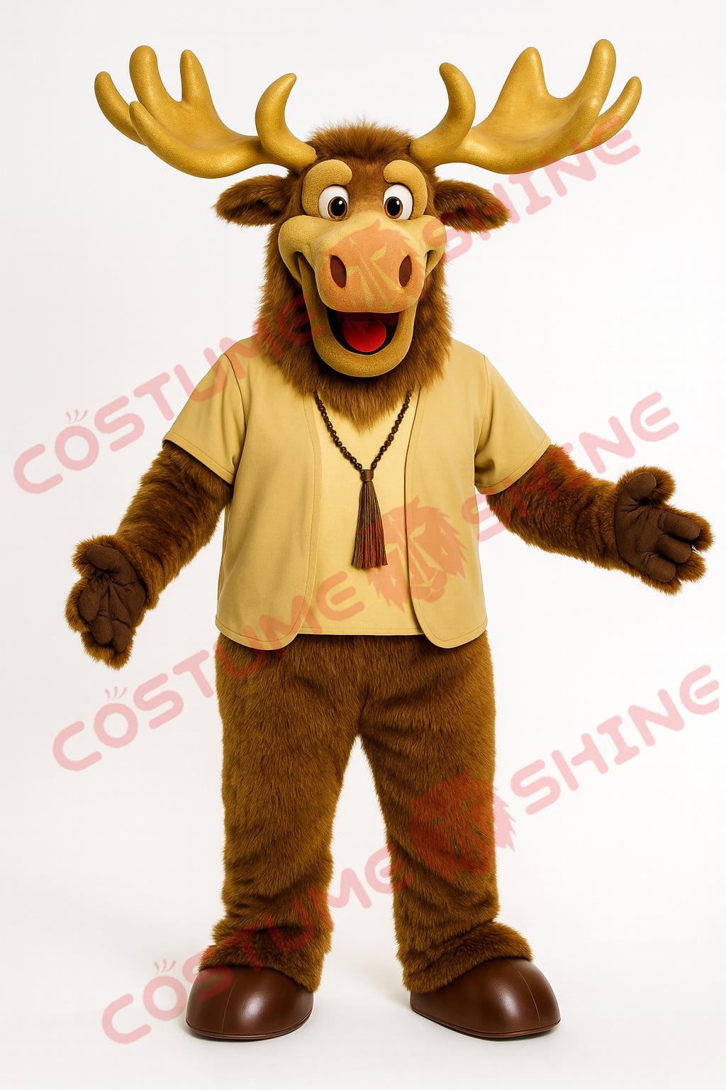 Brown Moose Mascot Costume with Gold Outfit and Antlers – Furry Character Suit