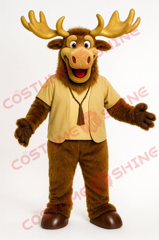 Brown Moose Mascot Costume with Gold Outfit and Antlers – Furry Character Suit