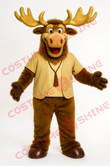 Brown Moose Mascot Costume with Gold Outfit and Antlers – Furry Character Suit