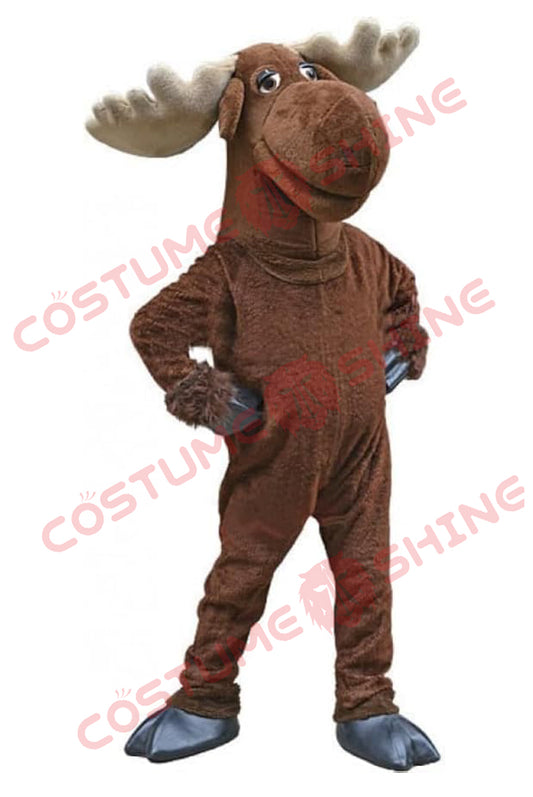 Simple Brown Moose Mascot Costume with Antlers – Full Body Plush Suit