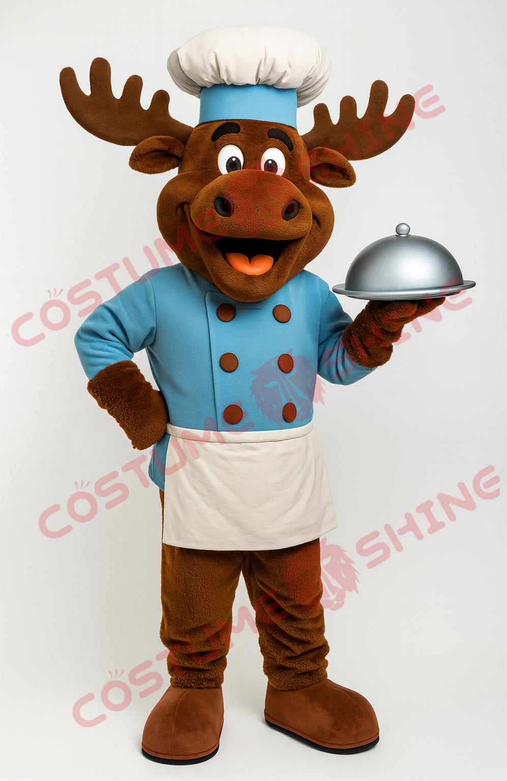 Moose Mascot Costume Chef Outfit with Blue Coat and Apron – Plush Suit