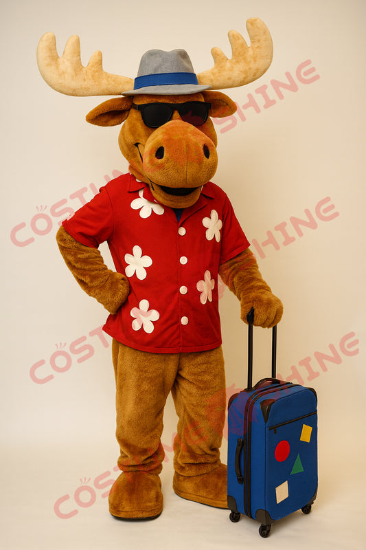 Travel Moose Mascot Costume with Hawaiian Shirt, Hat & Suitcase Prop