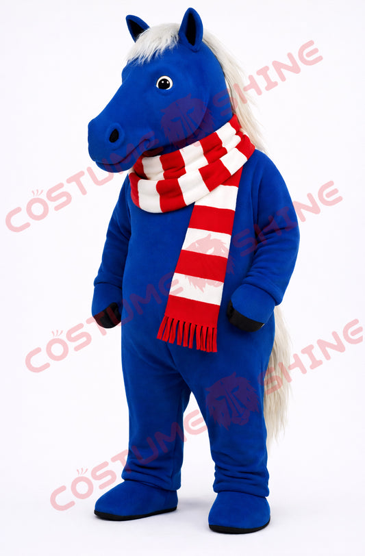 Blue Mustang Horse Mascot Costume for Adults with Winter Scarf